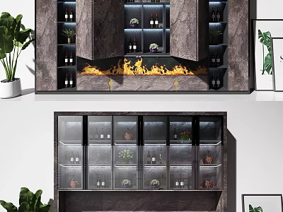 Modern Wine Cabinet Interior Design With Glass Doors Display Shelves And Decorative Plants 3d model