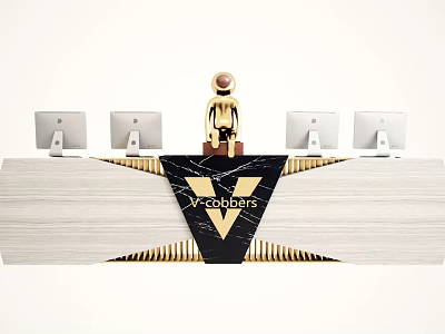 Elegant Modern Reception Desk Featuring Black And Gold Countertop VIGOROUS Logo Multiple Apple Monitors 3d model