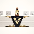 Elegant Modern Reception Desk Featuring Black And Gold Countertop VIGOROUS Logo Multiple Apple Monitors