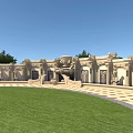 Decorative Outdoor Feature Wall With Intricate Stone Carvings Fountain And Lawn Surroundings