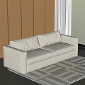 Light Beige Upholstered Two-Seater Sofa In Modern Interior With Wooden Wall And Grass View