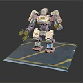 3D Robot Model With White Green Brown Body Mechanical Arms And Blue Platform Yellow Lines