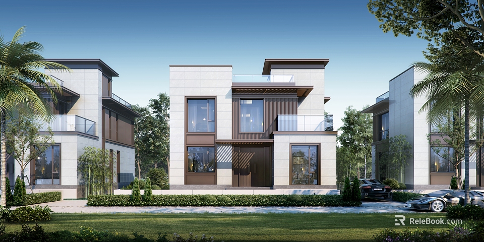 Modern Single Family Villa Exterior With Lawn Greenery And Trees 3d model 
