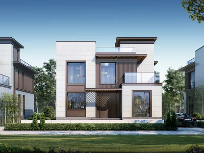 Modern Single Family Villa Exterior With Lawn Greenery And Trees 3d model