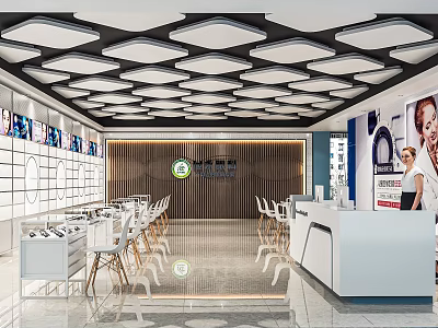 Modern Retail Store Interior With Geometric Ceiling Wooden Wall White Furniture And Reception Counter 3d model