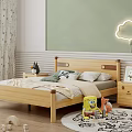 Wooden Children's Bed with Headboard Cloud Shaped Lamp and Nightstand on Light Green Wall