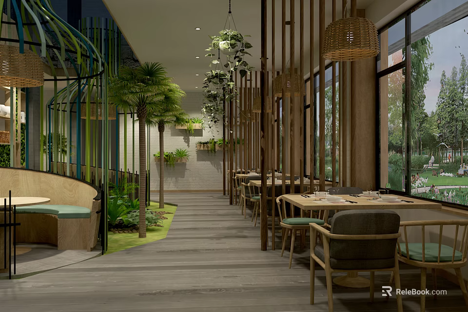Elegant Modern Restaurant Interior With Wooden Elements Large Windows And Rattan Pendant Lights 3d model 