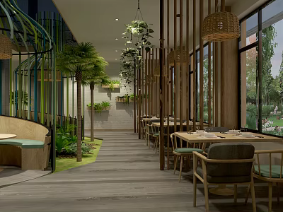 Elegant Modern Restaurant Interior With Wooden Elements Large Windows And Rattan Pendant Lights 3d model