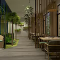 Elegant Modern Restaurant Interior With Wooden Elements Large Windows And Rattan Pendant Lights