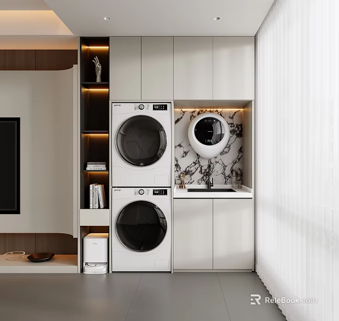 Modern Home Balcony With Washing Machine Dryer Storage Cabinets And Countertop 3d model 