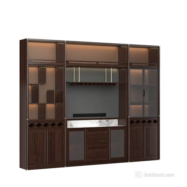 Modern Wooden Wine Cabinet With Glass Doors LED Lighting And Storage Compartments 3d model 