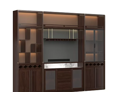 Modern Wooden Wine Cabinet With Glass Doors LED Lighting And Storage Compartments 3d model