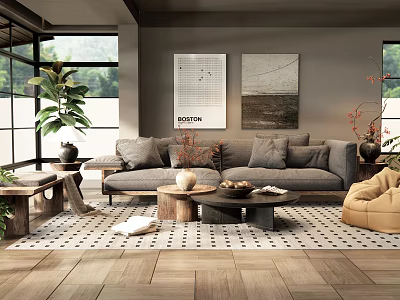 Modern Living Room Interior With Gray Sofa Cushions Coffee Tables Green Plants And Wall Art 3d model