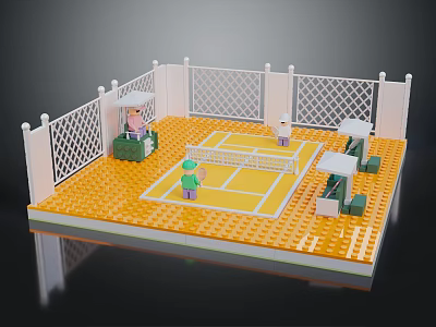 Cartoon Tennis Court Scene With Lego Style Characters White Fence Yellow Surface And Seating Area 3d model