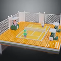 Cartoon Tennis Court Scene With Lego Style Characters White Fence Yellow Surface And Seating Area