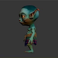 Game Movie Character With Teal Skin Pointed Ears Big Eyes Colorful Belt And Fringed Skirt