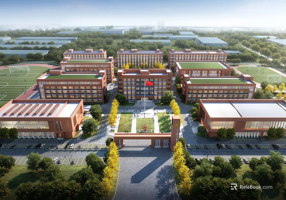 Modern Red Brick School Campus Buildings With Central Square National Flag Greenery And Football Field 3d model 