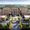 Modern Red Brick School Campus Buildings With Central Square National Flag Greenery And Football Field