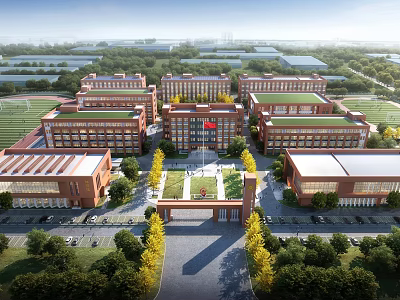 Modern Red Brick School Campus Buildings With Central Square National Flag Greenery And Football Field 3d model
