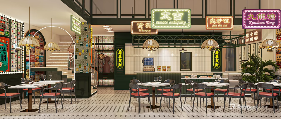 Modern Restaurant Interior Featuring Green Decor Neon Signs Tiled Walls And Dining Tables 3d model 