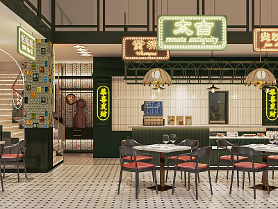 Modern Restaurant Interior Featuring Green Decor Neon Signs Tiled Walls And Dining Tables 3d model