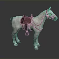 White Horse Model With Brown Saddle And Leather Reins Standing Still