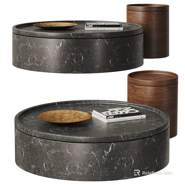 Elegant Round Marble Coffee Table With Wooden Tray And Books Placed On Top Surface 3d model 