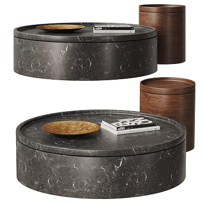 Elegant Round Marble Coffee Table With Wooden Tray And Books Placed On Top Surface 3d model