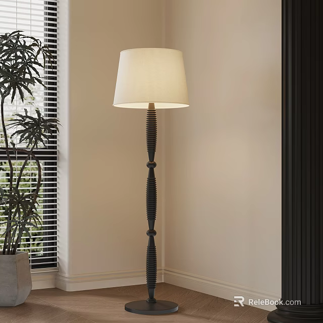 Cream Fabric Shade Floor Lamp With Black Textured Pole By Window And Green Plant 3d model 
