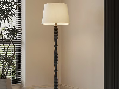 Cream Fabric Shade Floor Lamp With Black Textured Pole By Window And Green Plant 3d model