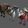 Three Colorful Mythical Creature Mounts With Decorative Saddles Backpacks And Rolled Mats