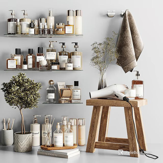 Modern Bathroom Accessories With Shelves Bottles Hanging Towel Hair Dryer And Green Plant 3d model 