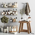 Modern Bathroom Accessories With Shelves Bottles Hanging Towel Hair Dryer And Green Plant