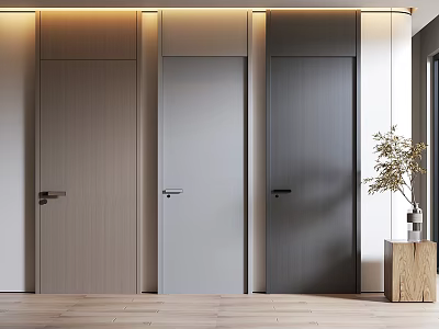 Modern Minimalist Interior Design With Three Hinged Doors In Wooden Grain Finishes 3d model