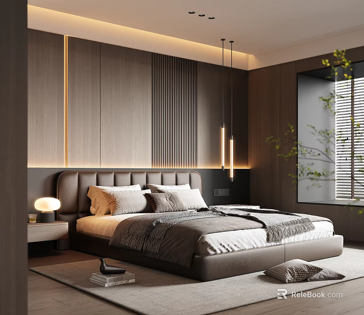 Modern Bedroom Interior With Leather Headboard Vertical Slat Wooden Wall Built-in Lighting And Pendant Lights 3d model 