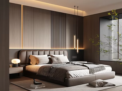 Modern Bedroom Interior With Leather Headboard Vertical Slat Wooden Wall Built-in Lighting And Pendant Lights 3d model