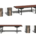 Modern Wooden Bench With Red Striped Cushion And Acrylic Tree Trunk Side Tables