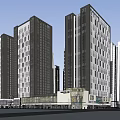 Modern Commercial Complex With High Rise Towers Glass Curtain Walls And Retail Podium