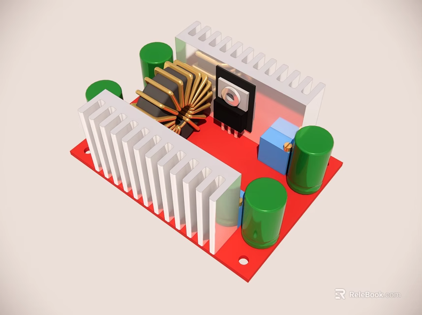 Electronic Circuit Board Assembly With Red Base Green Capacitors Heat Sinks And Inductor Coil 3d model 
