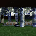 Outdoor Grass Event Setup With Bamboo Canopy Blue White Fabric String Lights Decorations 3d model