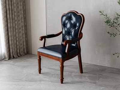 Classic Navy Blue Leather Armchair With Tufted Back And Wooden Legs Interior Setting 3d model