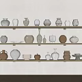 Display of Various Ceramic Vessels on Wooden Shelves Against Beige Wall with Wooden Floor