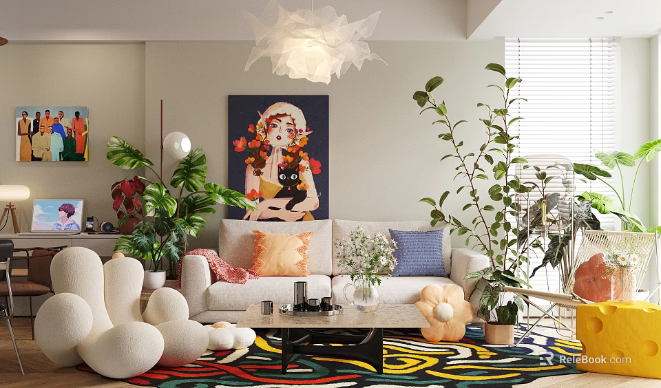 Modern Living Dining Room Interior Design With Sofa Colorful Rug Green Plants And Chandelier 3d model 