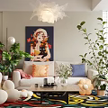 Modern Living Dining Room Interior Design With Sofa Colorful Rug Green Plants And Chandelier