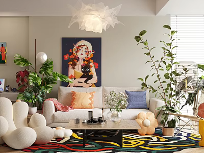 Modern Living Dining Room Interior Design With Sofa Colorful Rug Green Plants And Chandelier 3d model