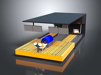 3D Model Structure With Black Roof Yellow Wooden Platform And Blue Cylindrical Elements 3d model