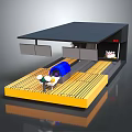 3D Model Structure With Black Roof Yellow Wooden Platform And Blue Cylindrical Elements