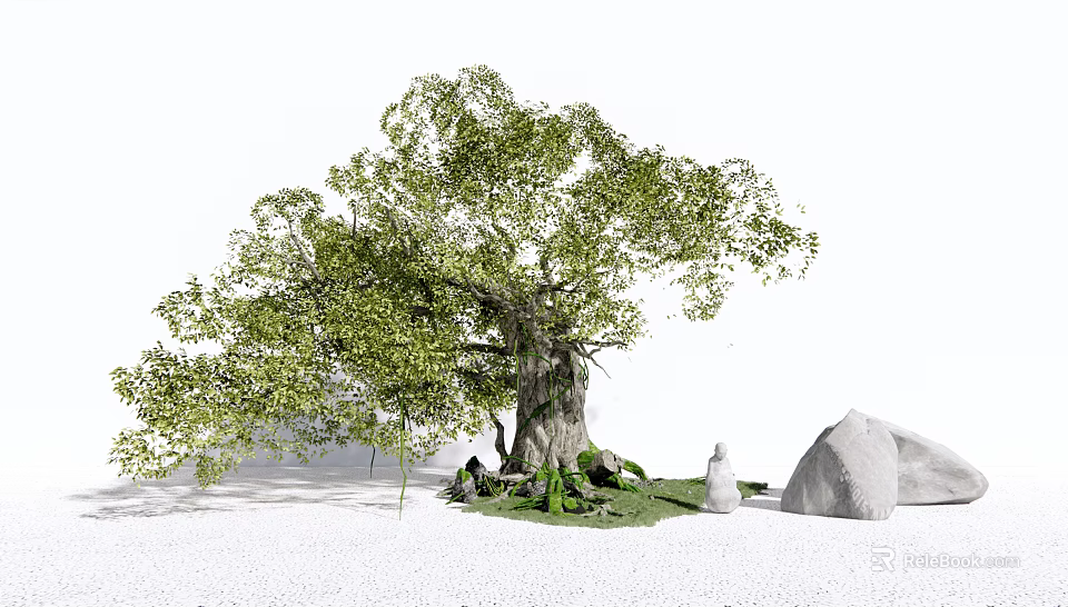 Lush Green Tree With Thick Trunk And Lush Foliage Surrounded By Stones On Grass 3d model 