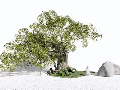 Lush Green Tree With Thick Trunk And Lush Foliage Surrounded By Stones On Grass 3d model