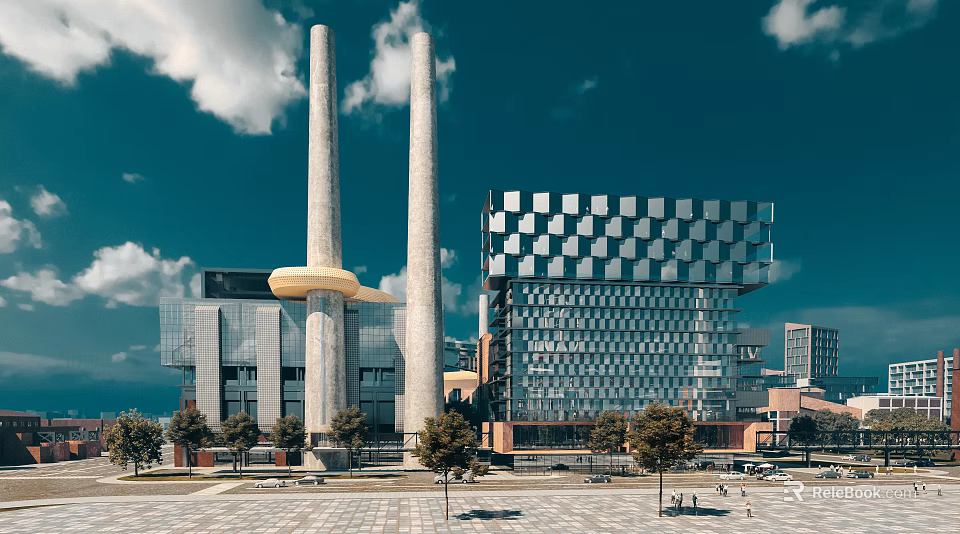 Modern Office Building with Geometric Facade Glass Curtain Wall Tall Chimneys and Plaza Trees 3d model 